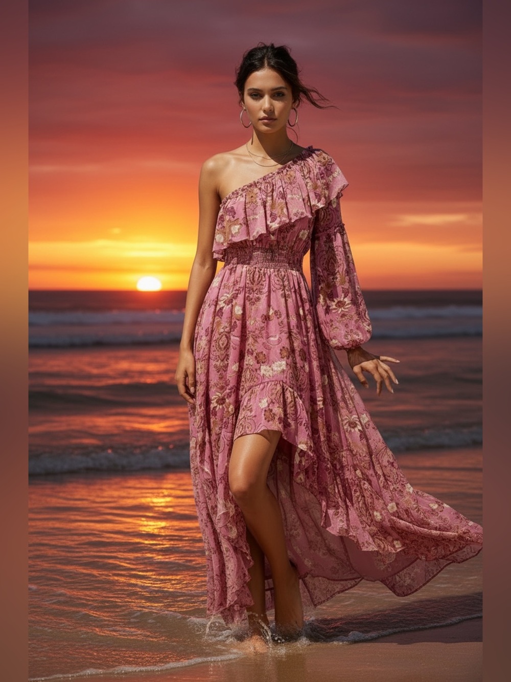 MISA Los Angeles Pink Floral One Shoulder Ruffle Hi-Low Midi Dress Size S